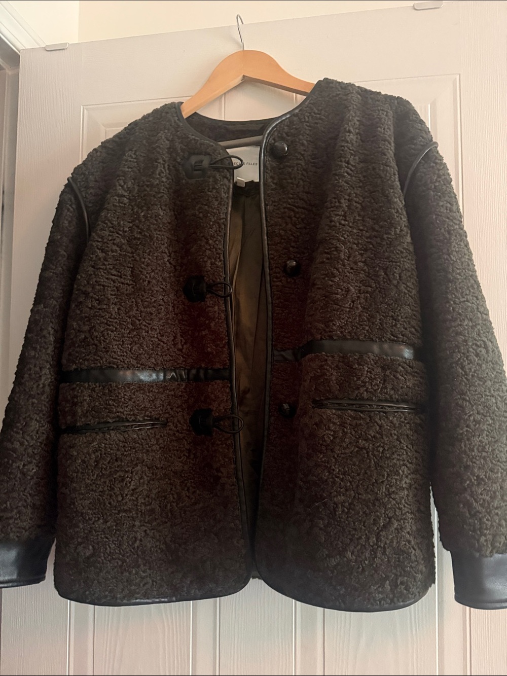 Avec Les Filles Dark Brown Faux Shearling Jacket with Black Trim sz small